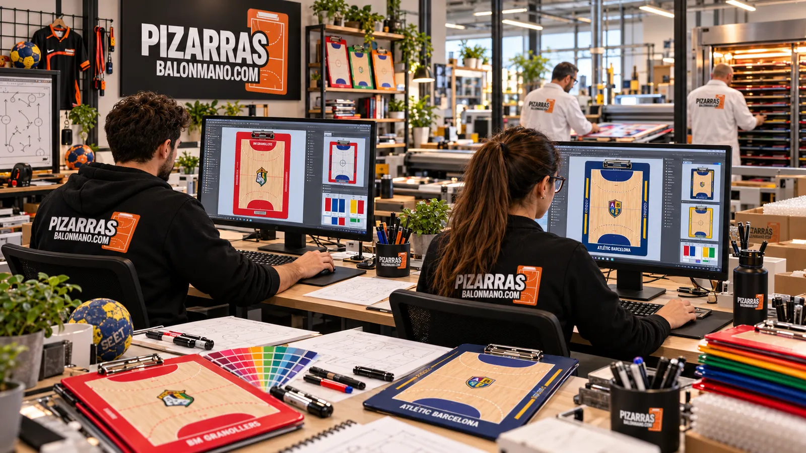 Designer bereiten personalisierte Handball-Taktiktafeln am Bildschirm vor