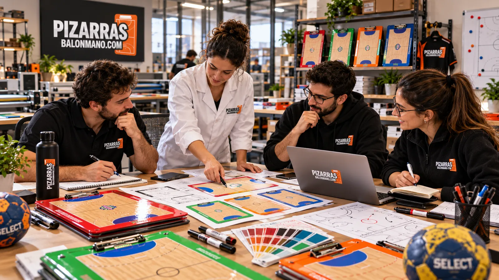 Designbesprechung mit Handball-Taktiktafeln und Farbkarten auf dem Tisch
