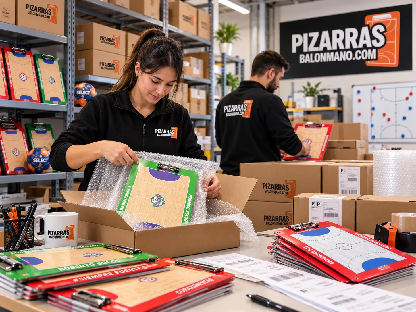 Eine Handball-Taktiktafel wird in ihren Karton verpackt