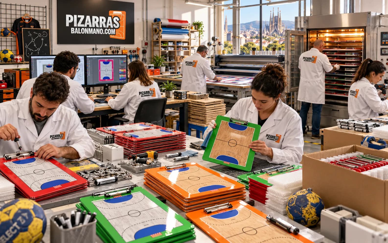 Werkstatt für Handball-Taktiktafeln mit bunten Tafeln auf den Tischen