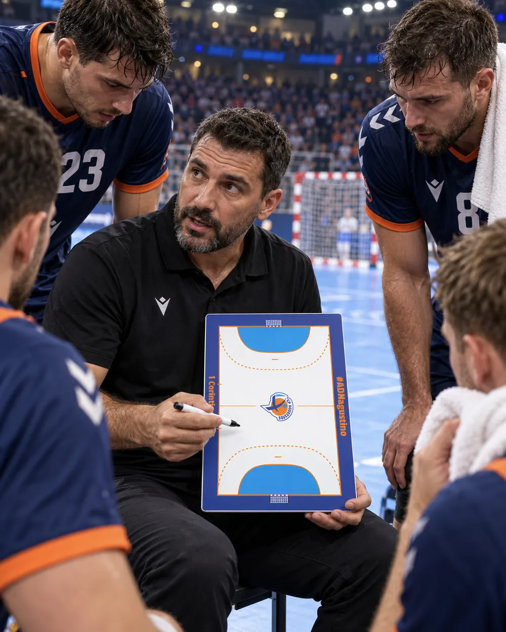 Ein Handballtrainer zeigt im Training einen Spielzug auf der Taktiktafel