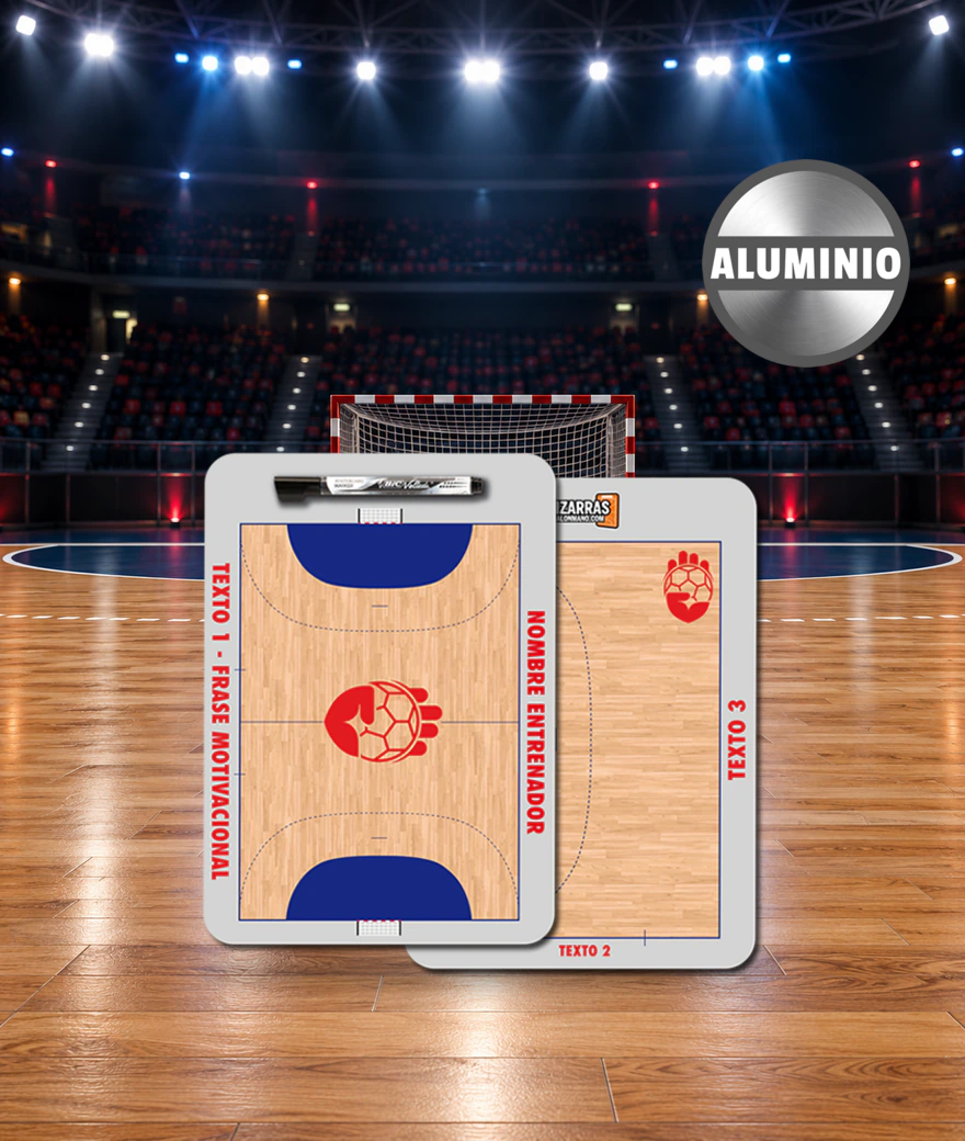 Handball-Taktiktafel Casual Aluminium, Vorder- und Rückseite, auf dem Spielfeld einer Sporthalle