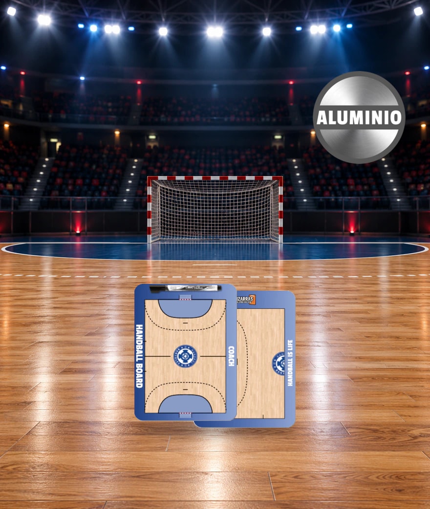 Handball-Taktiktafel Pocket Aluminium, Vorder- und Rückseite, auf dem Spielfeld einer Sporthalle