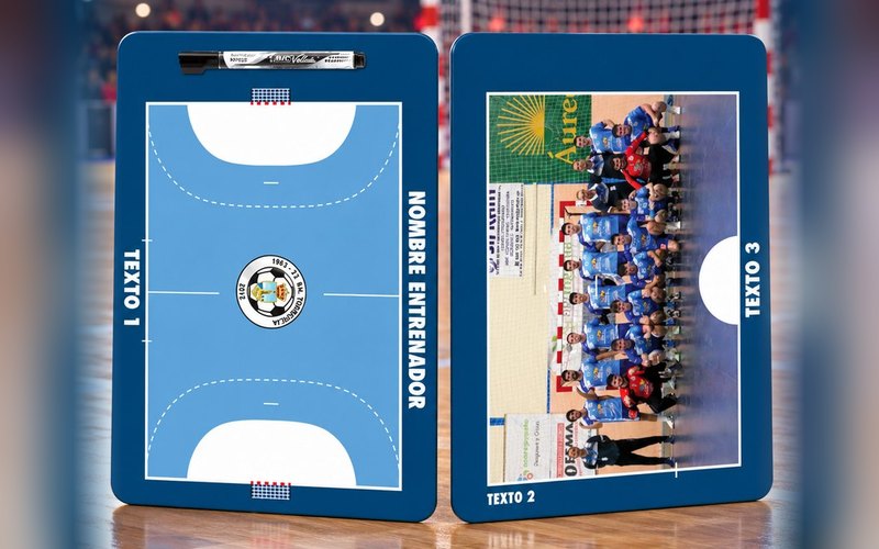 Beispiel einer Pizarra Regalo für Handball: vorne das Spielfeld, hinten das Mannschaftsfoto